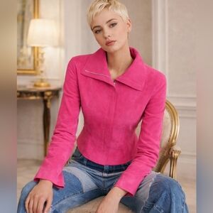 MARC CAIN($975)💞SUEDE💞SO SOFT Barbie HOT Pink Zip-Front FITTED Jacket GUC Sz S